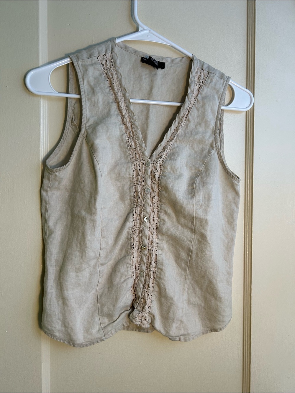 Vintage Grace Elements 100% Linen Lace Trim Sleeveless Button Front Top S